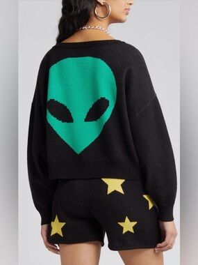 Dressed in Lala Take Me To Your Leader 2-Piece Set Star Alien Sweater Shorts Lg